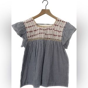 ❌SOLD❌ THML Flutter Sleeve Top Blue & White Stripe With Decoration Size Small